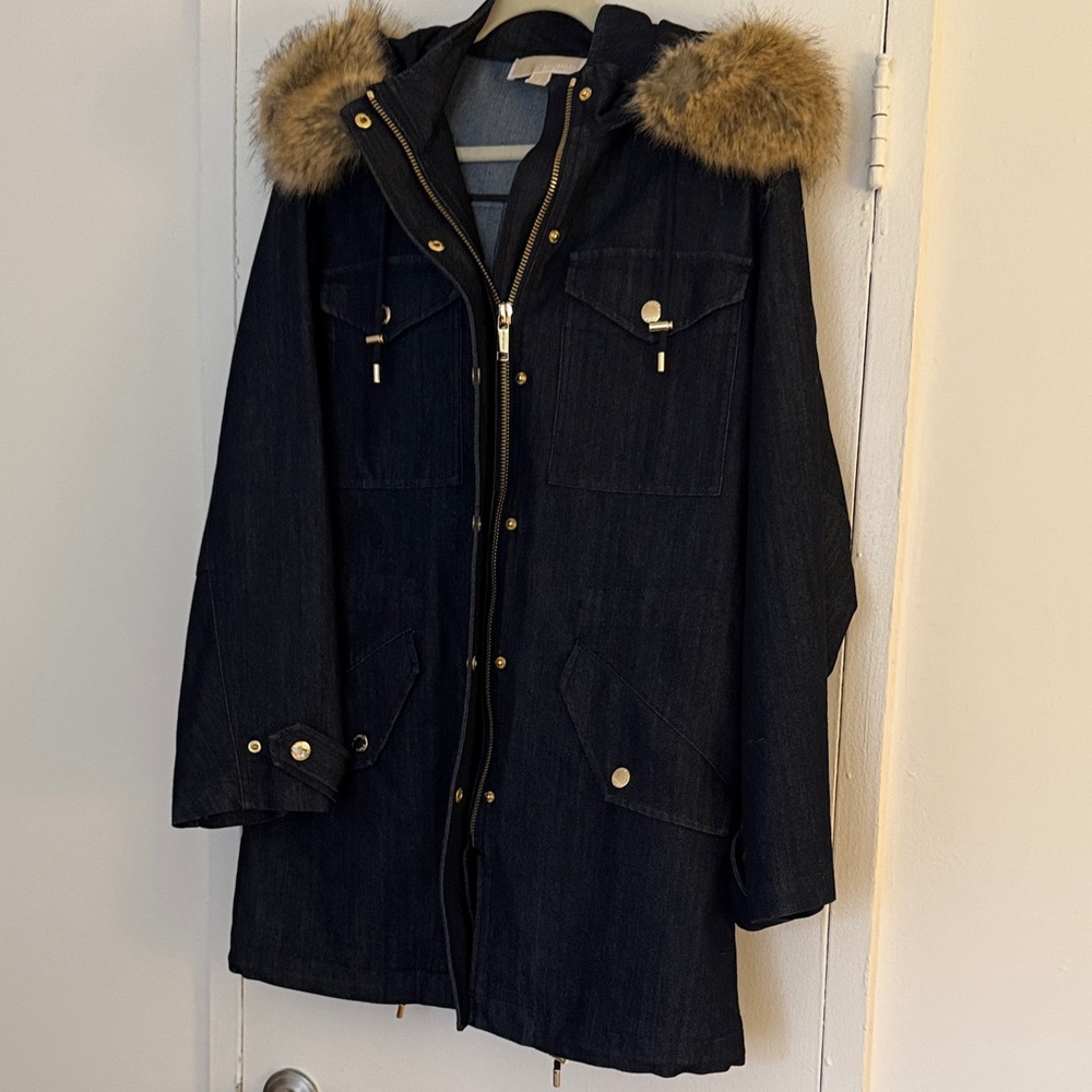 Michael Kors Blue Denim Unlined Parka with removable Fur Hood - Picture 5 of 8